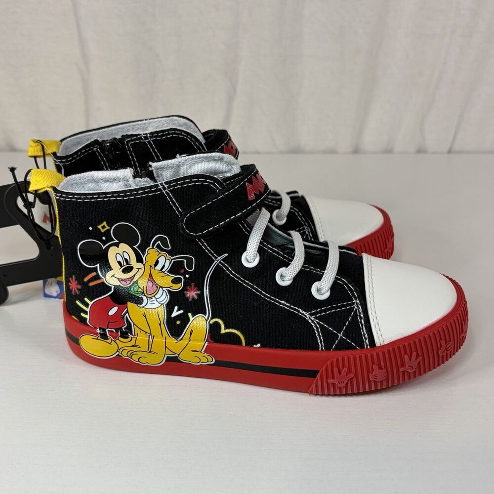 Disney Pluto & Mickey Toddlers High Top Zip Sneakers Sz 12 Black  Red Colors NWT